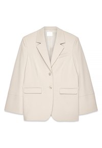 Beige tailored blazer with a notched lapel, two front pockets, and two buttons. Features structured shoulders and a boxy silhouette.