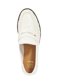 White leather loafer with stitching detail and a scalloped design. Features a flat brown sole and a gold logo accent on the side.