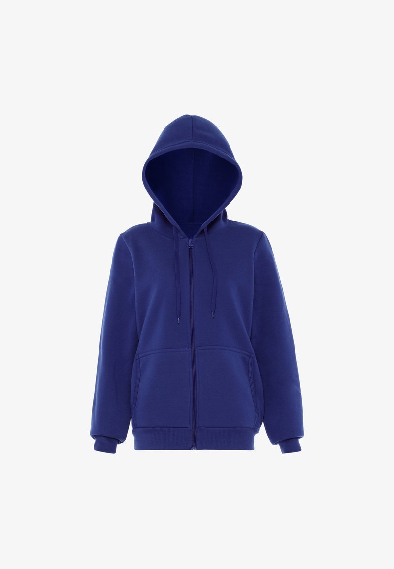 Felpa con zip di colore blu navy realizzata in tessuto morbido; presenta un grande cappuccio, lacci e due tasche frontali con polsini e orlo a coste.