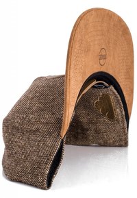 Brown fabric cap with a tan suede brim. The body features a textured pattern, while the interior shows a black lining.