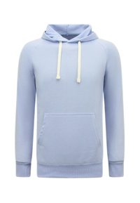Lichtblauwe pullover hoodie gemaakt van zachte stof, voorzien van een kangoeroezak, geribbelde boorden en verstelbare trekkoorden.