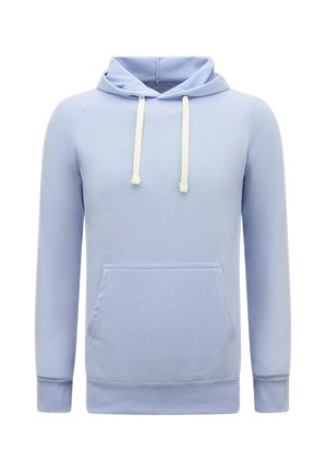 Lichtblauwe pullover hoodie gemaakt van zachte stof, voorzien van een kangoeroezak, geribbelde boorden en verstelbare trekkoorden.