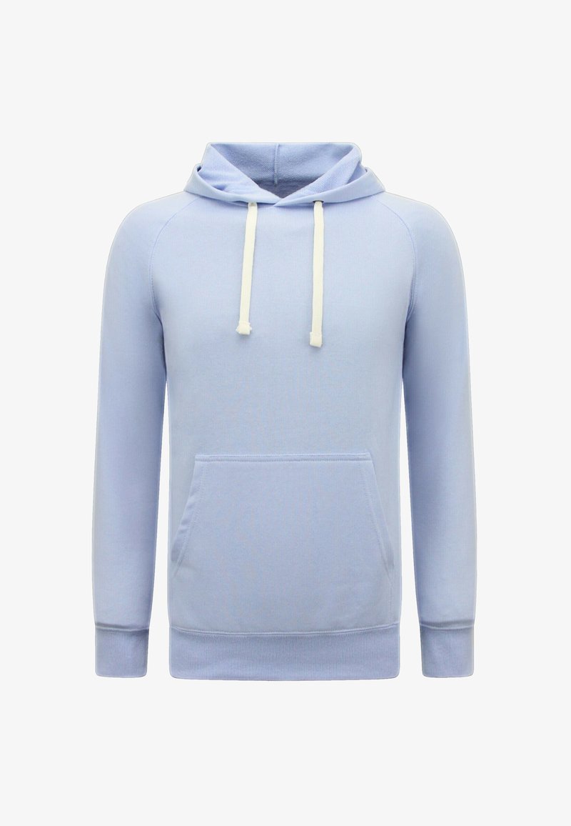 Lichtblauwe pullover hoodie gemaakt van zachte stof, voorzien van een kangoeroezak, geribbelde boorden en verstelbare trekkoorden.