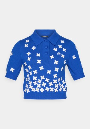 Short-sleeve blue polo shirt with a textured knit, featuring white floral embroidery and three-button placket.
