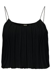 Haut sans manches noir avec un design plissé, en tissu léger et avec des bretelles fines réglables. Encolure ronde avec une coupe décontractée. Taille S.