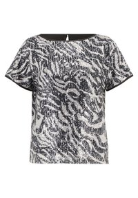 Fényes ezüst-fekete zebra mintás flitteres blúz. Rövid ujjú, vállnál nyitott nyakkivágással és egy kulcslyuk alakú kivágással a hátán. Simás textúrájú, fényes felületű.