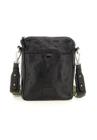 Borsa a tracolla nera in pelle con tracolla in tessuto verde regolabile, ganci metallichi e cuciture marroni visibili su sfondo bianco.