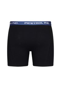 Černé boxerky s modrým pasem, na kterém je logo "PEPETROL IND."; hladká tkanina se přiléhavým střihem a kontrastními bočními švy.
