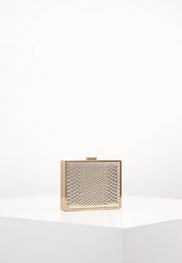 Kultainen suorakulmainen clutch, jossa on kohokuvioitu käärmeennahkakuviota, metallinen viimeistely ja yläklipsi. Aseteltu valkoiselle pinnalle vähäisellä taustalla.