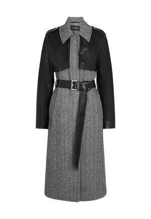 Black leather and patterned gray wool coat with a belt, large collar, and cropped upper section, featuring smooth texture and silver hardware accents.