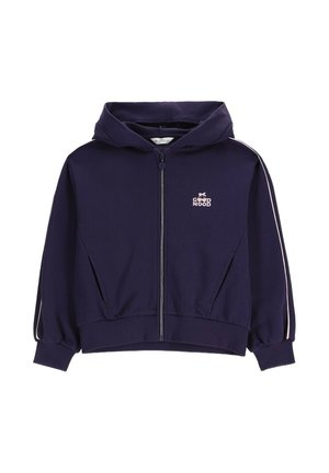 Granatowa bluza z kapturem i zamkiem błyskawicznym, boczne kieszenie, jasnoróżowe paski na rękawach oraz napis „Good Mood” z grafiką na piersi.