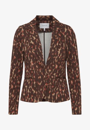 Bruin en crèmekleurige gebloemde blazer met een getailleerd ontwerp, opstaande revers, enkele knoopsluiting en twee voorzakken.