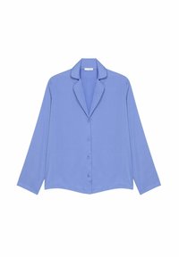 Světle modrá košile s dlouhým rukávem, výstřihem do V, předními knoflíky a volným střihem. Vyrobena z hladké tkaniny bez vzorů nebo akcentů.
