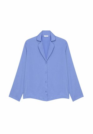 Lichtblauwe blouse met lange mouwen, een gesneden kraag, knopen aan de voorkant en een relaxte pasvorm. Gemaakt van gladde stof zonder patronen of accenten.