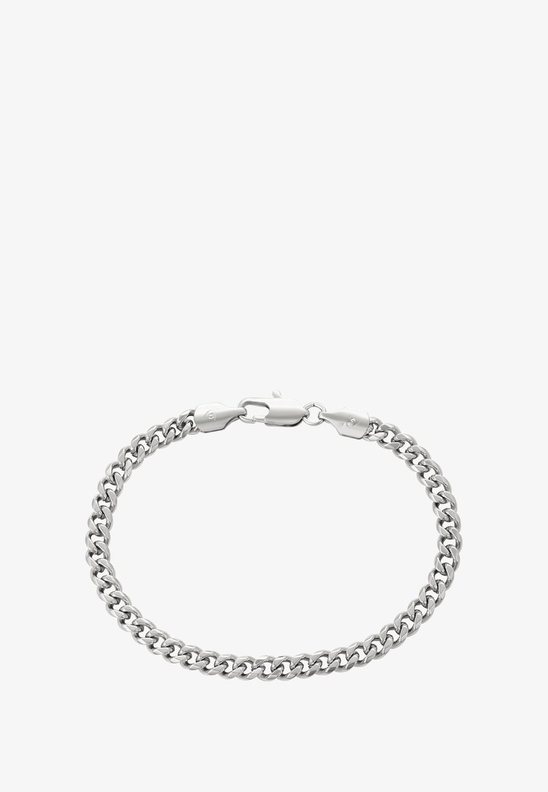 Srebrinės spalvos grandinėlė su tarpusavyje susijungusiais žiedais ir užsegimu su omaru ant balto fono.