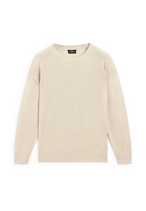 Pullover beige chiaro, realizzato in tessuto morbido e testurizzato. Presenta un collo rotondo e maniche lunghe con una vestibilità comoda. Senza motivi o decorazioni.