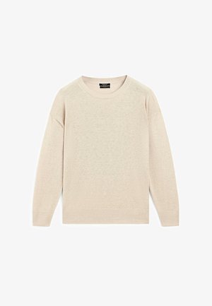 Light beige sweater, made of soft, textured fabric. Features a round neckline and long sleeves with a relaxed fit. No patterns or embellishments.