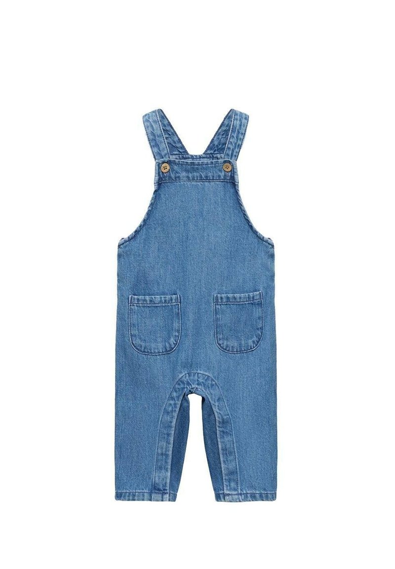 Denim kombinezon v svetlo modri barvi z nastavljivimi naramnicami, dvema sprednjima žepoma in zaponko na notranji strani za enostavno oblačenje.
