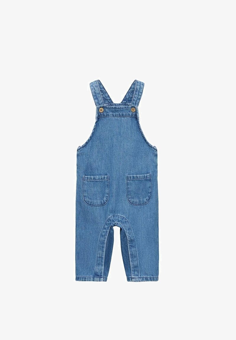 Denim overall i ljusblått med justerbara axelremmar, två framfickor och tryckknappsstängning i grenen för enkel användning.