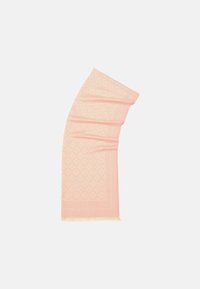 Peach-colored scarf with a textured pattern, featuring fringed ends and a subtle border design. Smooth fabric with a light sheen.