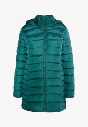 Tüpfeliger Puffer-Jacke mit horizontalen Steppnähten, einem Reißverschluss und einer Kapuze. Hergestellt aus glänzendem, glattem Stoff ohne sichtbare Muster.