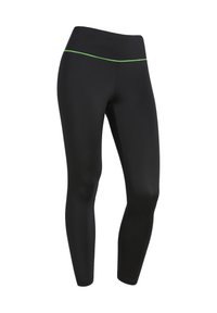 Leggings sportivi neri realizzati in materiale elasticizzato, con vita alta e un accento verde lungo la cintura.