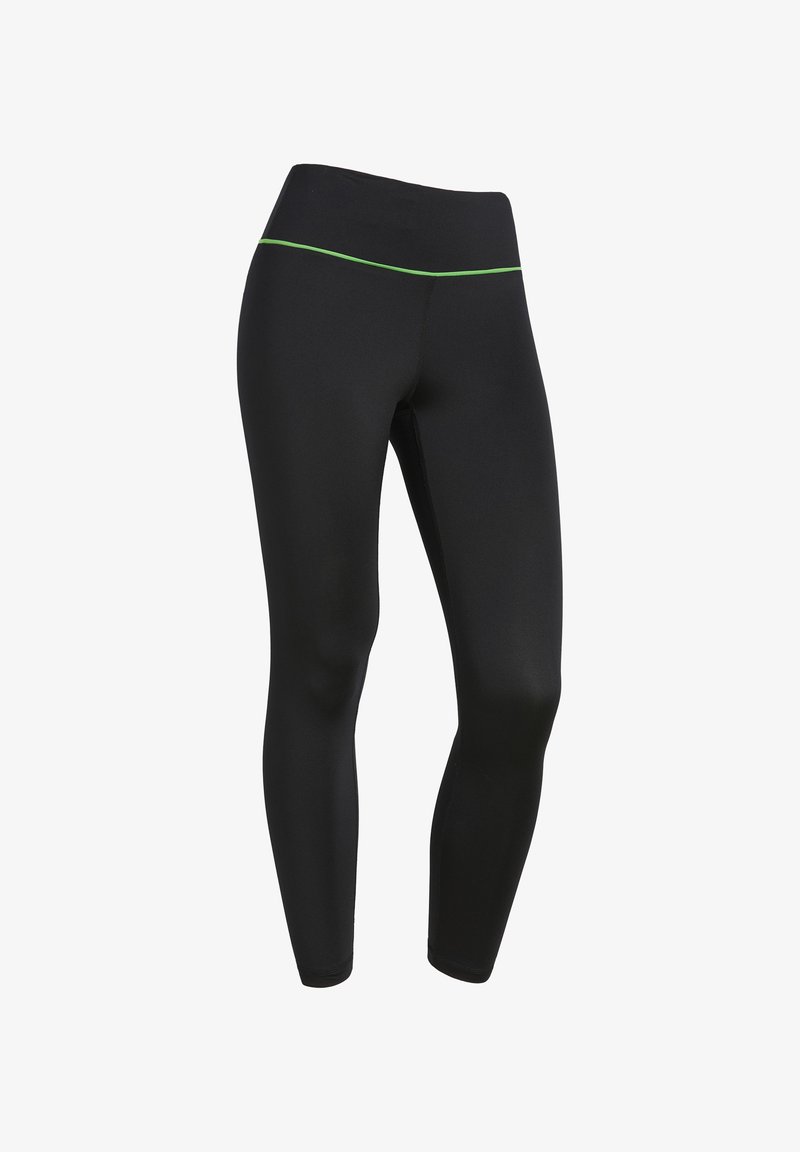 Leggings sportivi neri realizzati in materiale elasticizzato, con vita alta e un accento verde lungo la cintura.