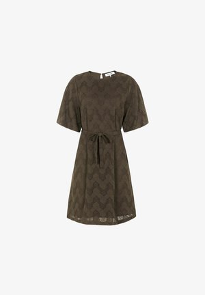 Short-sleeve dark brown lace dress with a round neckline, waist tie, and A-line skirt, featuring a subtle geometric pattern.