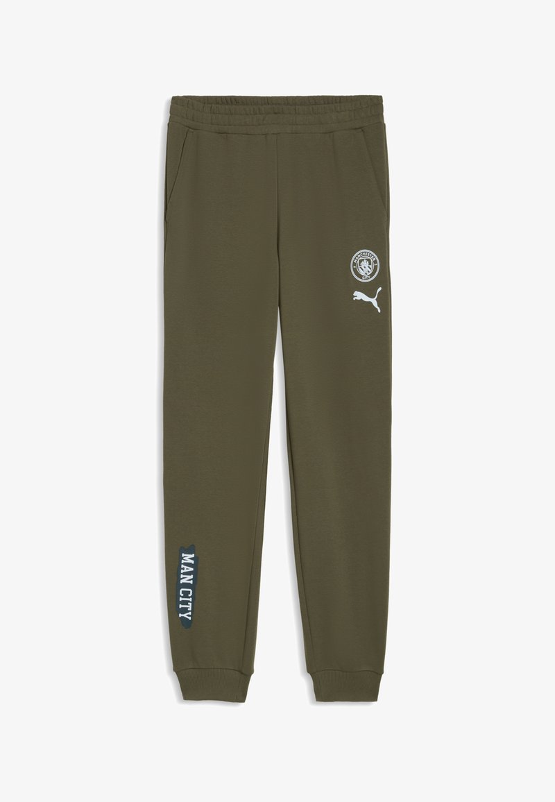 Pantalon de jogging vert olive Manchester City avec taille élastique, poches latérales, poignets côtelés, écusson du club, logo Puma et texte "Man City" sur la jambe.