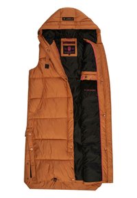 Orange vadderad väst med hög krage, dragkedjor och knappar. Insidan har svart foder och en rosa kant. M ärkesetikett synlig inuti.