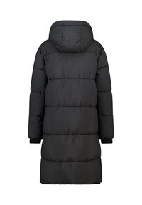 Black padded coat with a hood, featuring horizontal quilted sections, long sleeves, and a mid-length design. Smooth texture, utilitarian style.