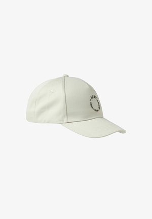 Svetlo bež kapa za baseball iz tkanine s zakrivljenim vizirjem, ki ima na sprednji plošči črn okrogel logotip in besedilo.