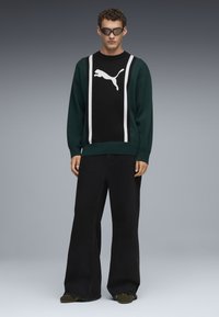 Sudadera negra y verde con un logo blanco de Puma y rayas en los lados, combinada con pantalones anchos negros y zapatillas verdes. Textura suave.
