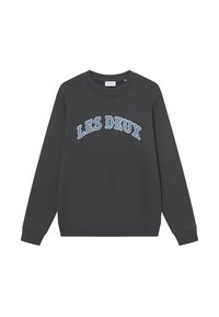 Σκούφος γκρι σε σκούρο χρώμα από βαμβάκι, με το κείμενο "LES DEUX" σε ανοιχτό μπλε, με στρογγυλή λαιμόκοψη και ριπές στους καρπούς και το στρίφωμα.