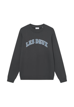 Mørkegrå sweatshirt lavet af bomuld, med teksten "LES DEUX" i lys blå, rund halsudskæring og ribbede manchetter og kant.
