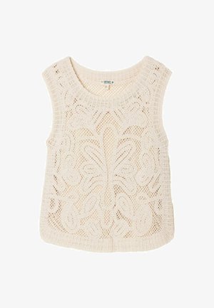 Kremowy bezrękawnik szydełkowy z kwiatowymi i geometrycznymi wzorami, okrągłym dekoltem oraz metką „FatFace” wewnątrz kołnierzyka.