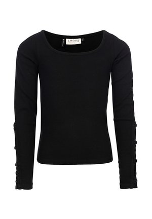 Zwarte langmouwen ribgebreide top met een ronde halslijn en knoopaccenten langs de mouwuiteinden. Gemaakt van lichtgewicht, rekbare stof.