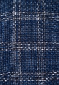 Tkanina tkana z niebiesko-białym wzorem w kratkę. Materiał ma teksturowe wykończenie z siatkowatym splotem i subtelnym połyskiem.