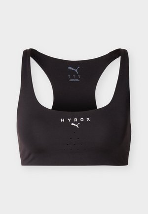 Sutien sport negru cu design racerback, logo-uri albe "HYROX" și Puma pe față, fabricat în Vietnam, mărimea mică US/CA/UE.