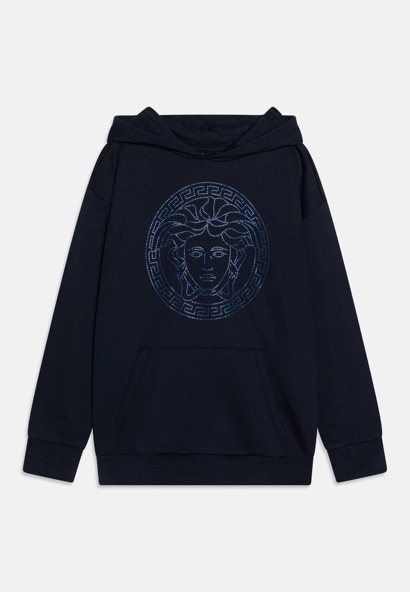 Sudadera marina con un gran gráfico circular de un rostro y un patrón de llave griega en azul. Presenta un bolsillo frontal y una capucha con cordón.