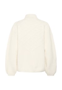 White sweater with a high collar, ribbed texture, and diamond-patterned detailing on the back. Soft fabric with slightly puffed sleeves.