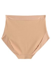 Beige højtaljede briefs lavet af blødt stof, med en glat tekstur og elastisk talje, samt sidelapper for en sømløs pasform.