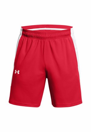 Rode sportieve shorts van synthetisch materiaal, met een elastische tailleband, witte zijaccenten en een Under Armour-logo op het linkerdij.