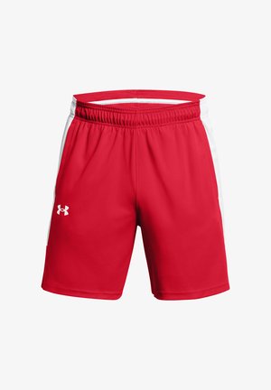 Pantalones cortos deportivos rojos hechos de material sintético, con una cintura elástica, acentos laterales blancos y un logo de Under Armour en la pierna izquierda.