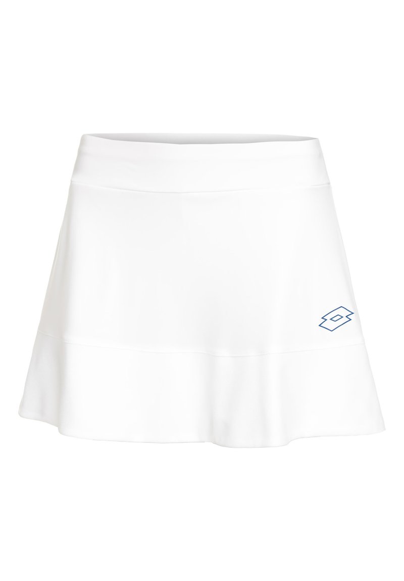 Weißer Sportrock aus leichtem Material, mit schwingendem Schnitt, elastischem Bund und blauen Logo-Akzenten auf der linken Seite.