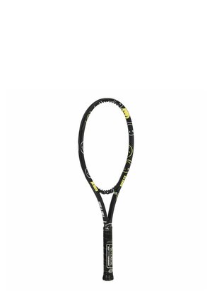 Schwarzer Tennisschläger mit einem einzigartigen gelb-weißen Design. Verfügt über eine leicht verlängerte Kopf-Form und einen strukturierten Griff.