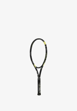 Schwarzer Tennisschläger mit einem einzigartigen gelb-weißen Design. Verfügt über eine leicht verlängerte Kopf-Form und einen strukturierten Griff.