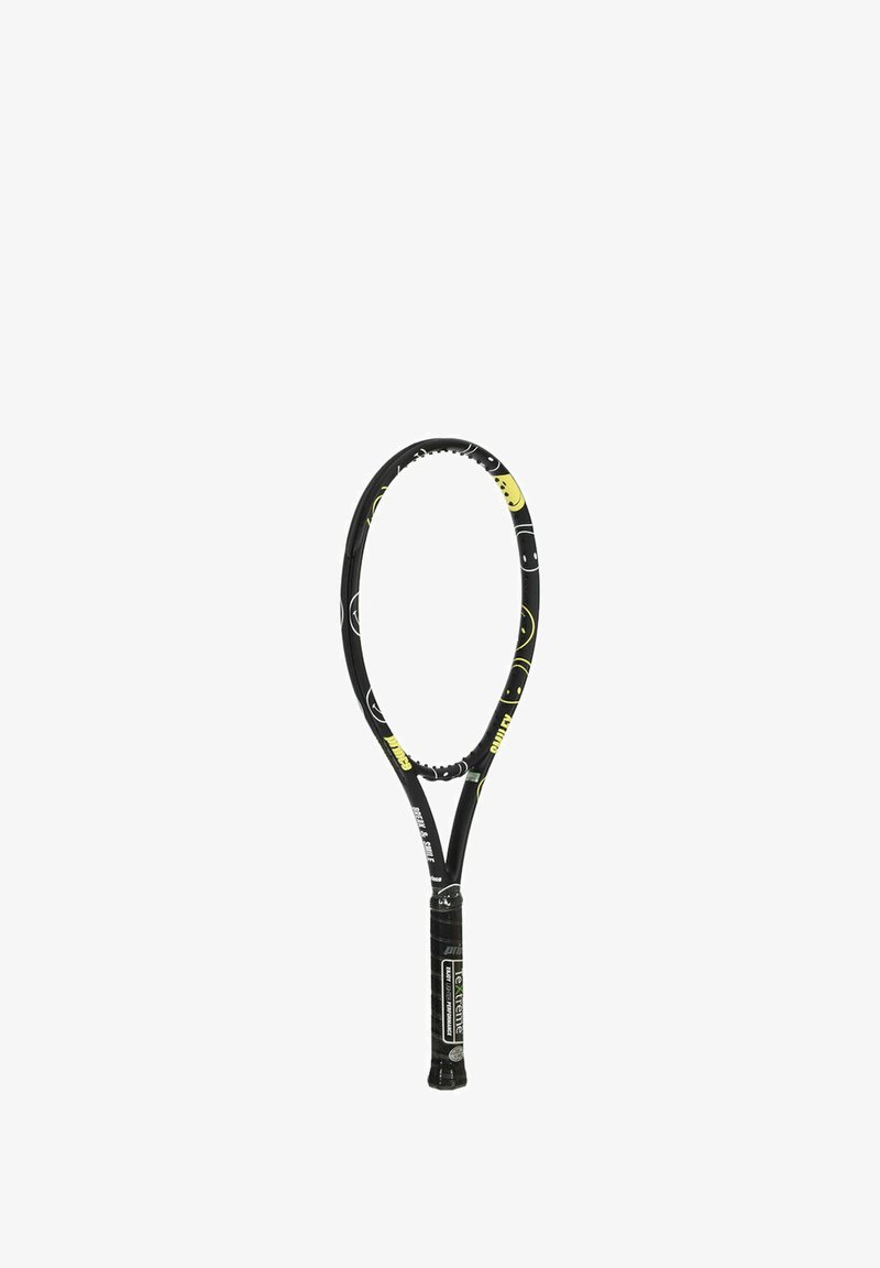 Schwarzer Tennisschläger mit einem einzigartigen gelb-weißen Design. Verfügt über eine leicht verlängerte Kopf-Form und einen strukturierten Griff.