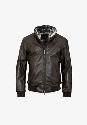 Braune Lederjacke mit Reißverschluss, gerippten Strickbündchen und Saum sowie einer grau gefütterten Kapuze mit Fell. Glatte Textur mit figurbetontem Schnitt.