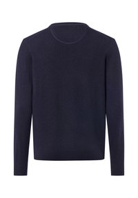 Granatowy sweter z dzianiny, okrągły dekolt, długie rękawy, slim fit, miękka struktura, bez wzorów i akcesoriów, gładki tył o gładkim wykończeniu.